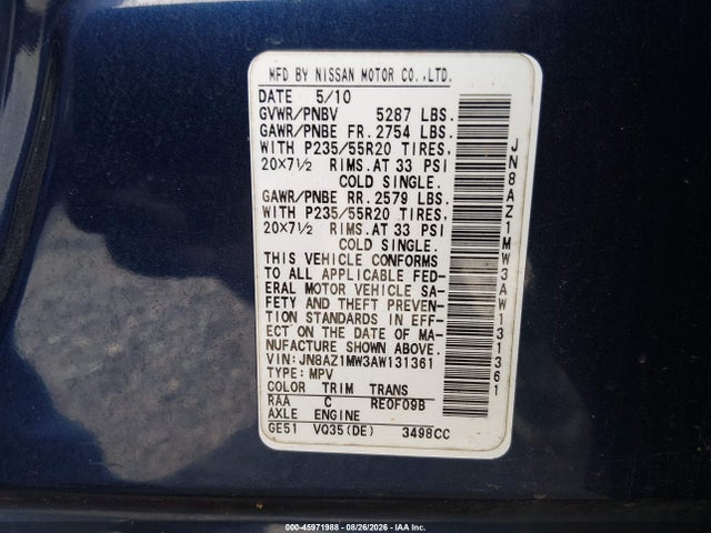 Aukcja sprzedaży 2010 Nissan Murano Le, vin: JN8AZ1MW3AW131361, numer aukcji: 45971988