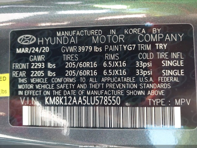 2020 Hyundai Kona Se მანქანა იყიდება აუქციონზე, vin: KM8K12AA5LU578550, აუქციონის ნომერი: 45971989