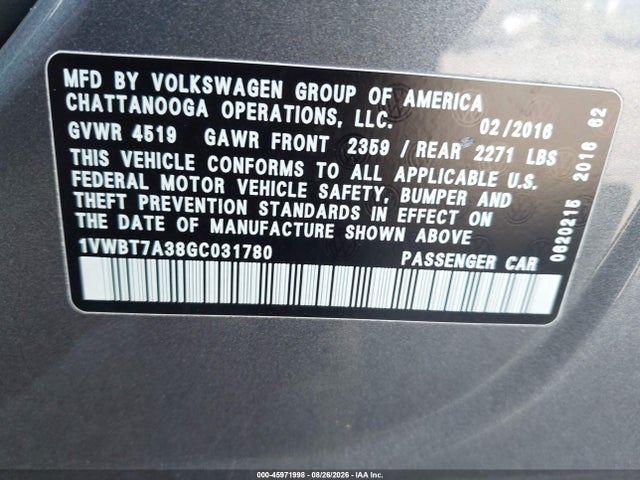 2016 Volkswagen Passat 1.8t Se მანქანა იყიდება აუქციონზე, vin: 1VWBT7A38GC031780, აუქციონის ნომერი: 45971998