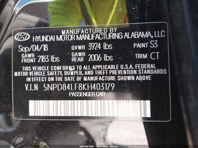 Aukcja sprzedaży 2019 Hyundai Elantra Sel, vin: 5NPD84LF8KH403179, numer aukcji: 45972007