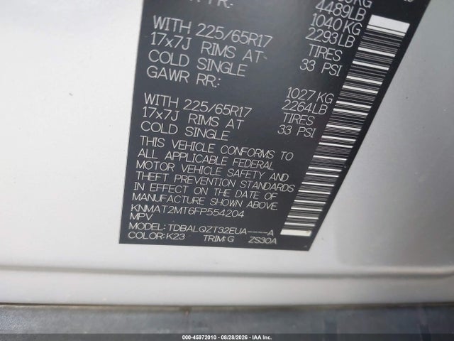 45972010 :رقم المزاد ، KNMAT2MT6FP554204 vin ، 2015 Nissan Rogue Sv مزاد بيع