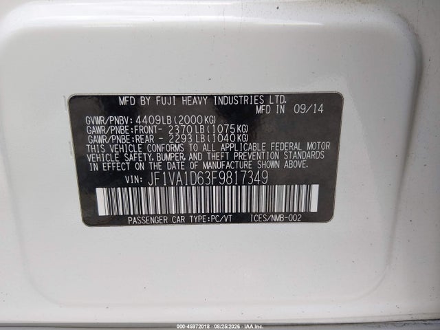 Продаж на аукціоні авто 2015 Subaru Wrx Premium, vin: JF1VA1D63F9817349, номер лоту: 45972018