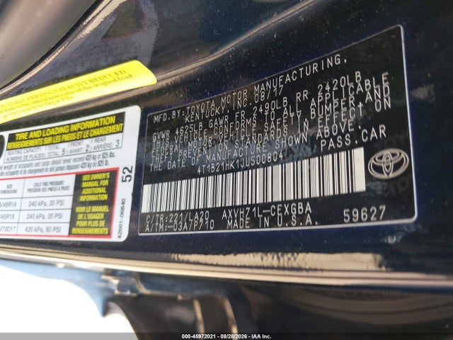 2018 Toyota Camry Hybrid Xle მანქანა იყიდება აუქციონზე, vin: 4T1B21HK1JU500804, აუქციონის ნომერი: 45972021