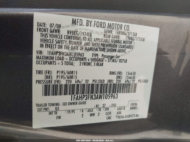 2010 Ford Focus Se მანქანა იყიდება აუქციონზე, vin: 1FAHP3FN3AW105963, აუქციონის ნომერი: 45972040