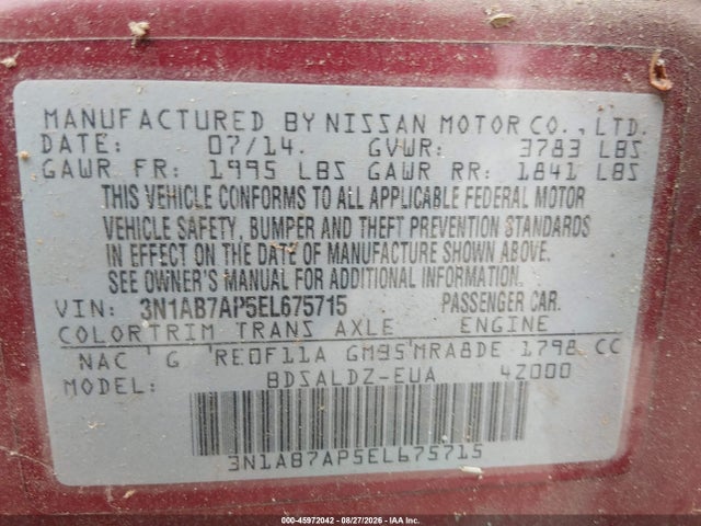 2014 Nissan Sentra Sv მანქანა იყიდება აუქციონზე, vin: 3N1AB7AP5EL675715, აუქციონის ნომერი: 45972042