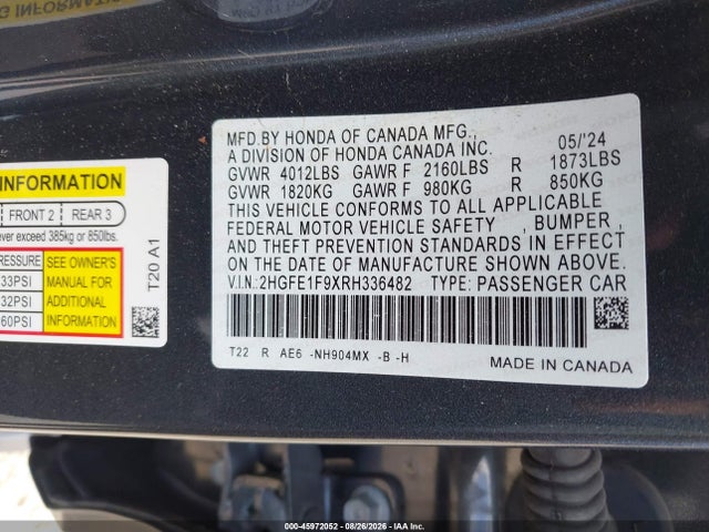 45972052 :رقم المزاد ، 2HGFE1F9XRH336482 vin ، 2024 Honda Civic Touring مزاد بيع
