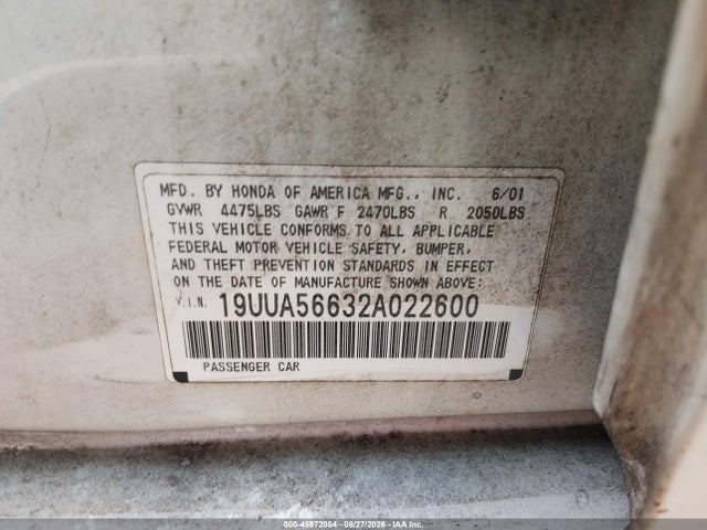 45972054 :رقم المزاد ، 19UUA56632A022600 vin ، 2002 Acura Tl 3.2 مزاد بيع
