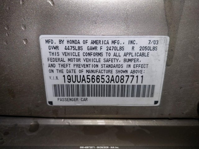 Aukcja sprzedaży 2003 Acura Tl 3.2, vin: 19UUA56653A087711, numer aukcji: 45972071