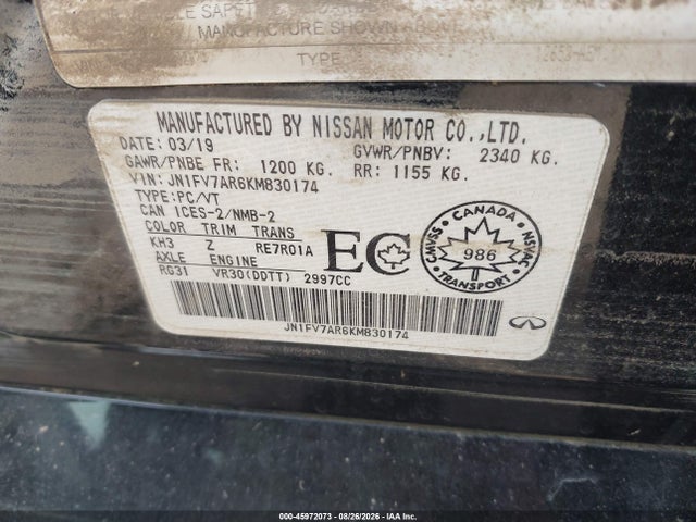 45972073 :رقم المزاد ، JN1FV7AR6KM830174 vin ، 2019 Infiniti Q50 3.0t Red Sport 400 مزاد بيع