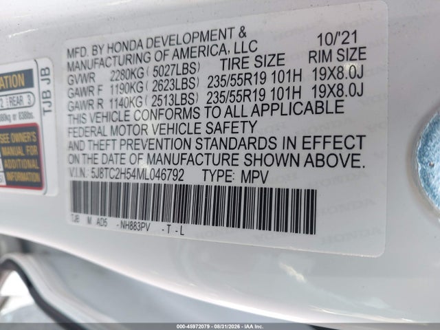 45972079 :رقم المزاد ، 5J8TC2H54ML046792 vin ، 2021 Acura Rdx Technology Package مزاد بيع