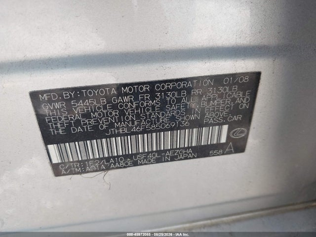 45972085 :رقم المزاد ، JTHBL46F585069136 vin ، 2008 Lexus Ls 460 مزاد بيع