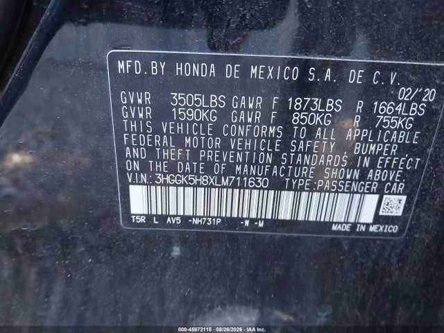 Продаж на аукціоні авто 2020 Honda Fit Ex, vin: 3HGGK5H8XLM711630, номер лоту: 45972115
