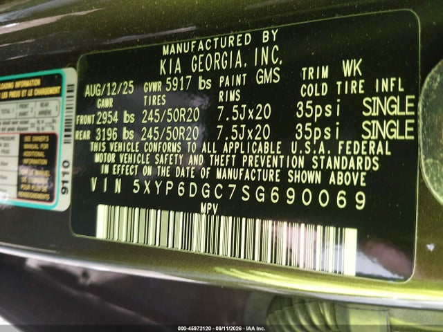 Aukcja sprzedaży 2025 Kia Telluride S, vin: 5XYP6DGC7SG690069, numer aukcji: 45972120