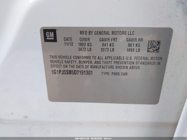 45972136 :رقم المزاد ، 1G1PJ5SB5D7191301 vin ، 2013 Chevrolet Cruze Eco Manual مزاد بيع