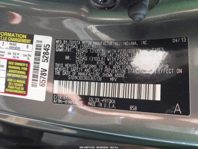 45972139 :رقم المزاد ، 5TDYK3DC9DS365136 vin ، 2013 Toyota Sienna Xle V6 8 Passenger مزاد بيع