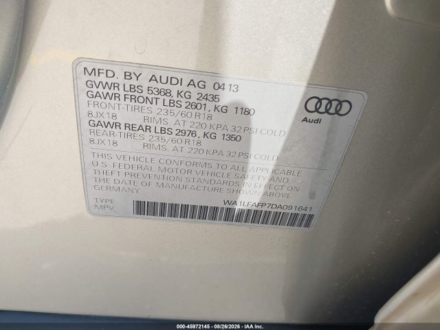 Продажа на аукционе авто 2013 Audi Q5 2.0t Premium, vin: WA1LFAFP7DA091641, номер лота: 45972145