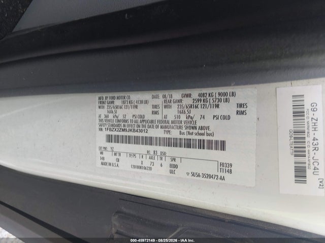 Aukcja sprzedaży 2018 Ford Transit-350 Xl, vin: 1FBZX2ZM9JKB43012, numer aukcji: 45972149