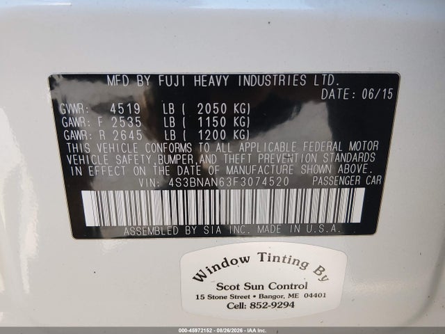 Продаж на аукціоні авто 2015 Subaru Legacy 2.5i Limited, vin: 4S3BNAN63F3074520, номер лоту: 45972152