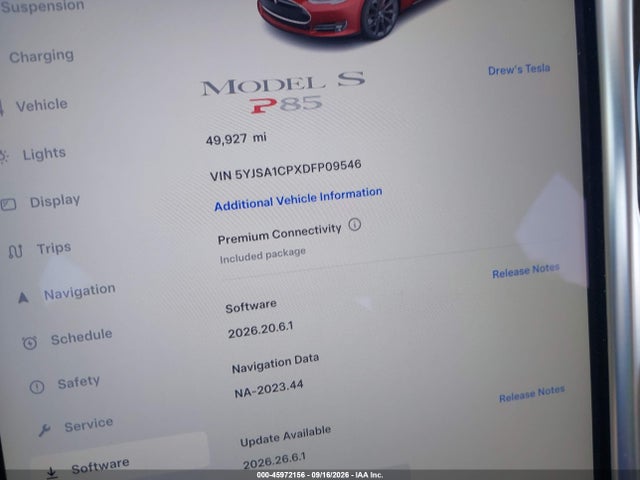 45972156 :رقم المزاد ، 5YJSA1CPXDFP09546 vin ، 2013 Tesla Model S Performance مزاد بيع