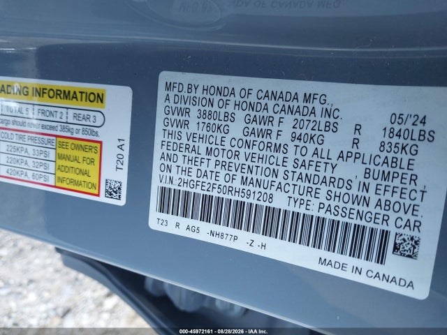 45972161 :رقم المزاد ، 2HGFE2F50RH591208 vin ، 2024 Honda Civic Sport مزاد بيع