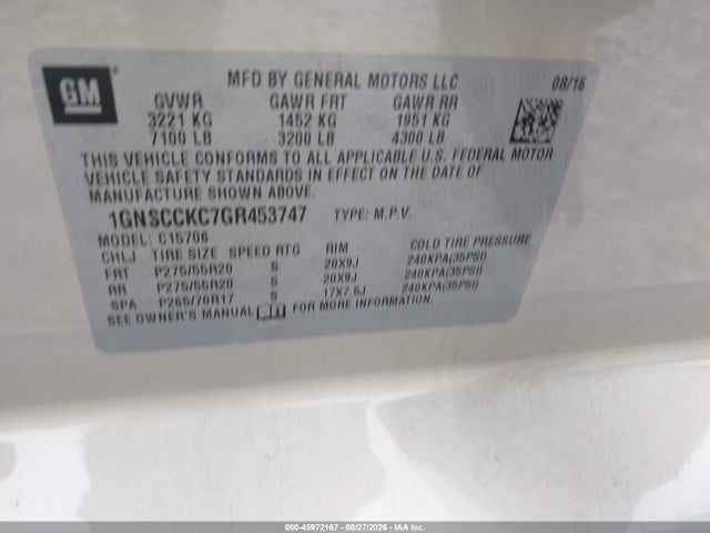 45972167 :رقم المزاد ، 1GNSCCKC7GR453747 vin ، 2016 Chevrolet Tahoe Ltz مزاد بيع