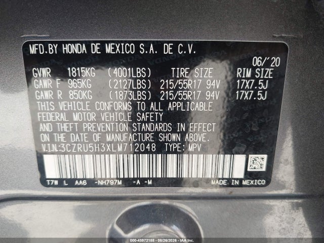 45972188 :رقم المزاد ، 3CZRU5H3XLM712048 vin ، 2020 Honda Hr-v 2wd Lx مزاد بيع