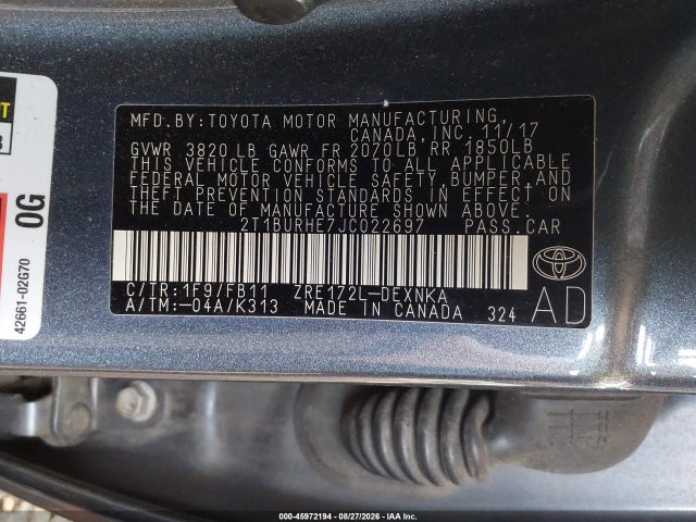 Aukcja sprzedaży 2018 Toyota Corolla Le, vin: 2T1BURHE7JC022697, numer aukcji: 45972194
