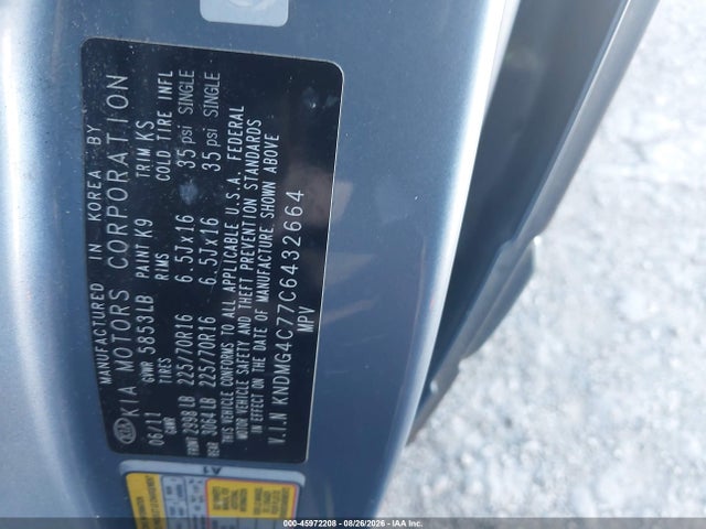 Aukcja sprzedaży 2012 Kia Sedona Lx, vin: KNDMG4C77C6432664, numer aukcji: 45972208
