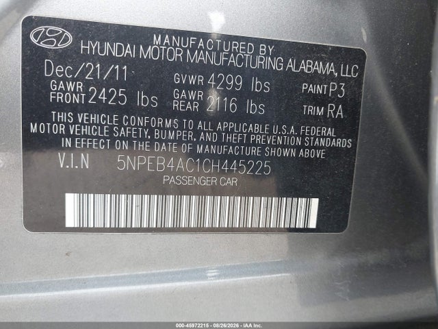 45972215 :رقم المزاد ، 5NPEB4AC1CH445225 vin ، 2012 Hyundai Sonata Gls مزاد بيع
