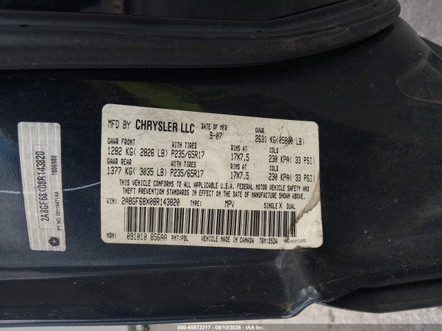 2008 Chrysler Pacifica Touring მანქანა იყიდება აუქციონზე, vin: 2A8GF68X08R143820, აუქციონის ნომერი: 45972217
