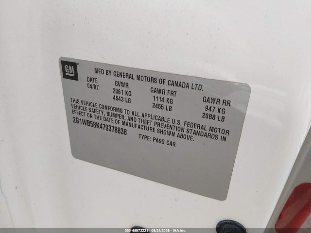 Продажа на аукционе авто 2007 Chevrolet Impala Ls, vin: 2G1WB58K479378838, номер лота: 45972221