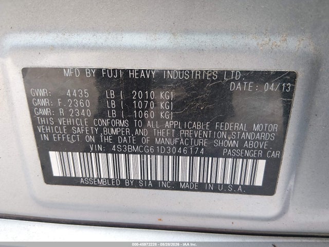 45972228 :رقم المزاد ، 4S3BMCG61D3046174 vin ، 2013 Subaru Legacy 2.5 I Sport مزاد بيع