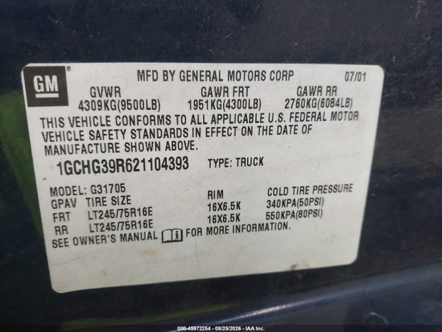 Aukcja sprzedaży 2002 Chevrolet Express, vin: 1GCHG39R621104393, numer aukcji: 45972254