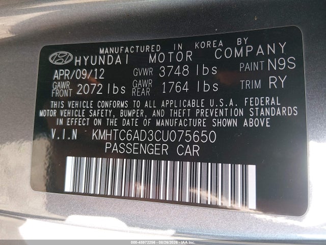 Aukcja sprzedaży 2012 Hyundai Veloster Base W/black, vin: KMHTC6AD3CU075650, numer aukcji: 45972256