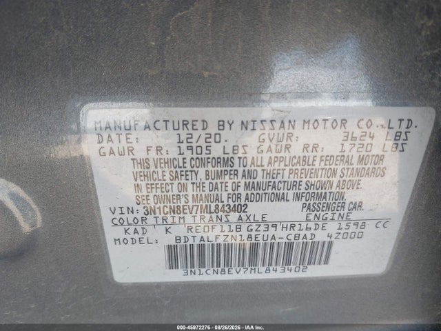 Aukcja sprzedaży 2021 Nissan Versa Sv Xtronic Cvt, vin: 3N1CN8EV7ML843402, numer aukcji: 45972276