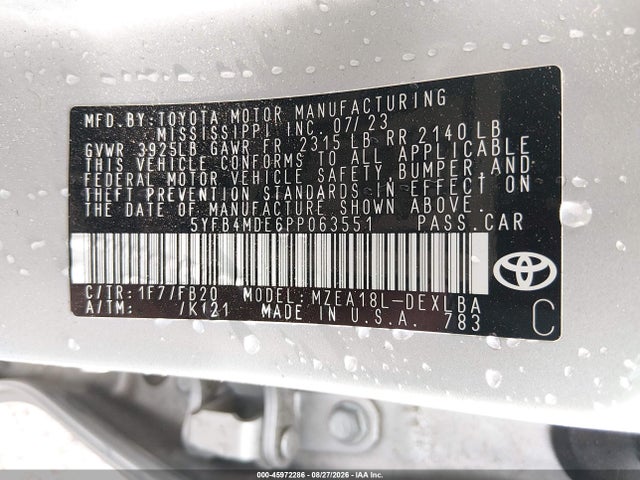Aukcja sprzedaży 2023 Toyota Corolla Le, vin: 5YFB4MDE6PP063551, numer aukcji: 45972286