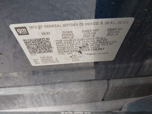 Aukcja sprzedaży 2022 Chevrolet Equinox Fwd Ls, vin: 3GNAXHEV5NS196267, numer aukcji: 45972289