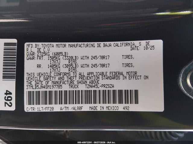 Aukcja sprzedaży 2025 Toyota Tacoma Sr5, vin: 3TMLB5JN4SM197785, numer aukcji: 45972291