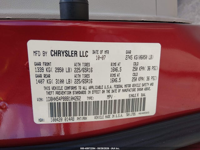2008 Dodge Grand Caravan Sxt მანქანა იყიდება აუქციონზე, vin: 1D8HN54P88B104262, აუქციონის ნომერი: 45972294