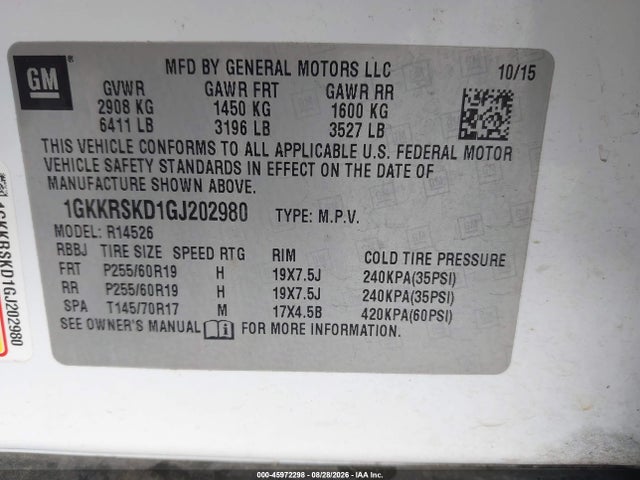 Aukcja sprzedaży 2016 Gmc Acadia Slt-2, vin: 1GKKRSKD1GJ202980, numer aukcji: 45972298