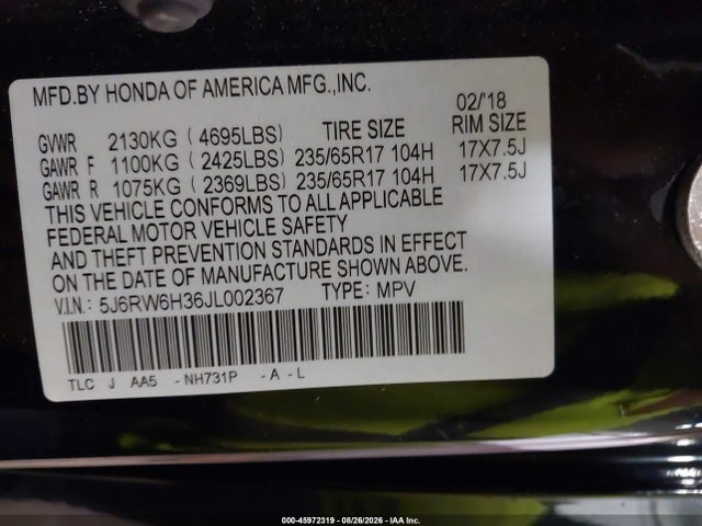 45972319 :رقم المزاد ، 5J6RW6H36JL002367 vin ، 2018 Honda Cr-v Lx مزاد بيع