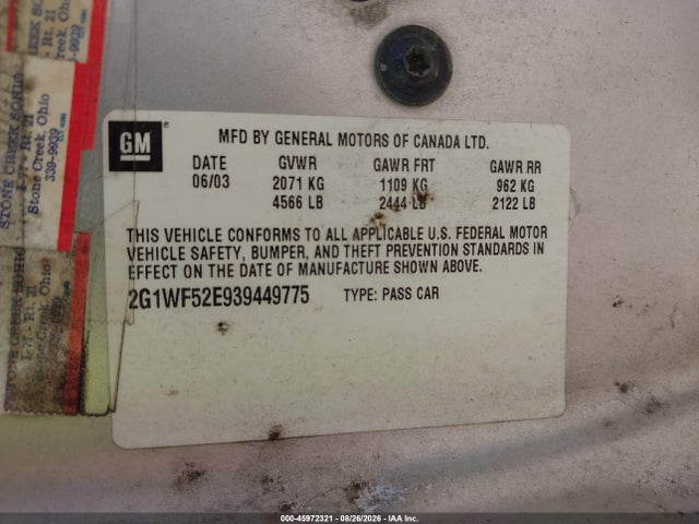 Aukcja sprzedaży 2003 Chevrolet Impala, vin: 2G1WF52E939449775, numer aukcji: 45972321