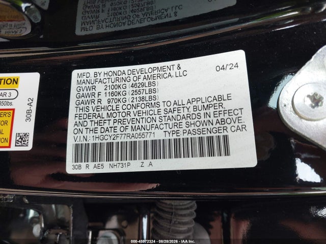 2024 Honda Accord Hybrid Sport-l მანქანა იყიდება აუქციონზე, vin: 1HGCY2F77RA055771, აუქციონის ნომერი: 45972324