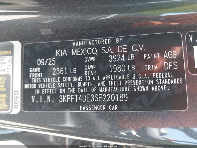 Продажа на аукционе авто 2025 Kia K4 Lxs, vin: 3KPFT4DE3SE220189, номер лота: 45972333