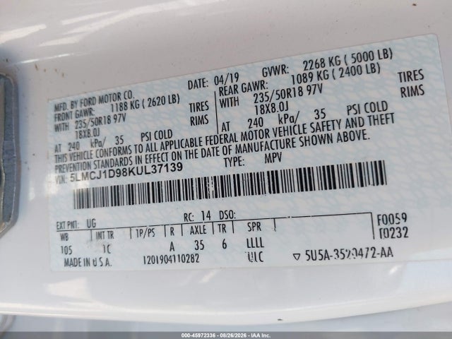 Продажа на аукционе авто 2019 Lincoln Mkc Standard, vin: 5LMCJ1D98KUL37139, номер лота: 45972336