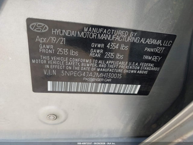 Aukcja sprzedaży 2021 Hyundai Sonata Se, vin: 5NPEG4JA2MH130015, numer aukcji: 45972337