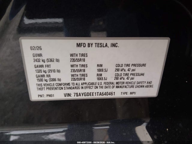 Продажа на аукционе авто 2026 Tesla Model Y All-wheel Drive/long Range Launch Series/premium All-wheel Drive, vin: 7SAYGDEE1TA640461, номер лота: 45972355