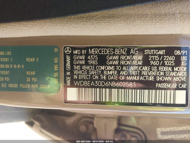 Продажа на аукционе авто 1992 Mercedes-benz 300 E, vin: WDBEA30D6NB602581, номер лота: 45972365