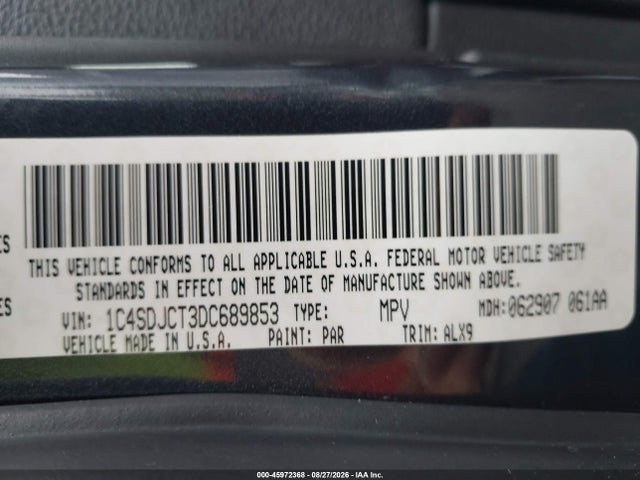 45972368 :رقم المزاد ، 1C4SDJCT3DC689853 vin ، 2013 Dodge Durango R/t مزاد بيع