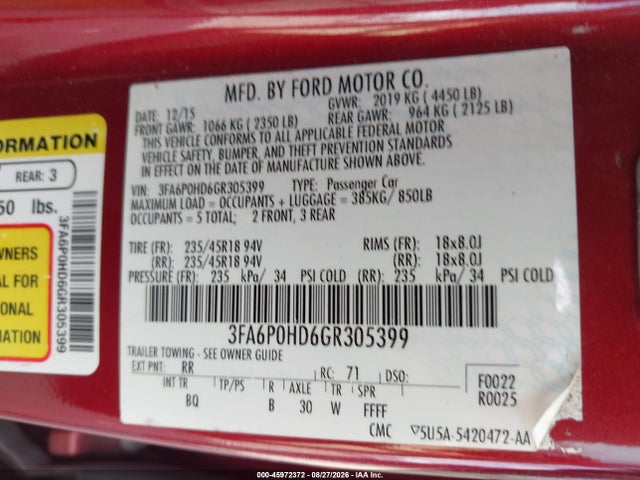 Ford FUSION SE 2016 3FA6P0HD6GR305399 Image 9